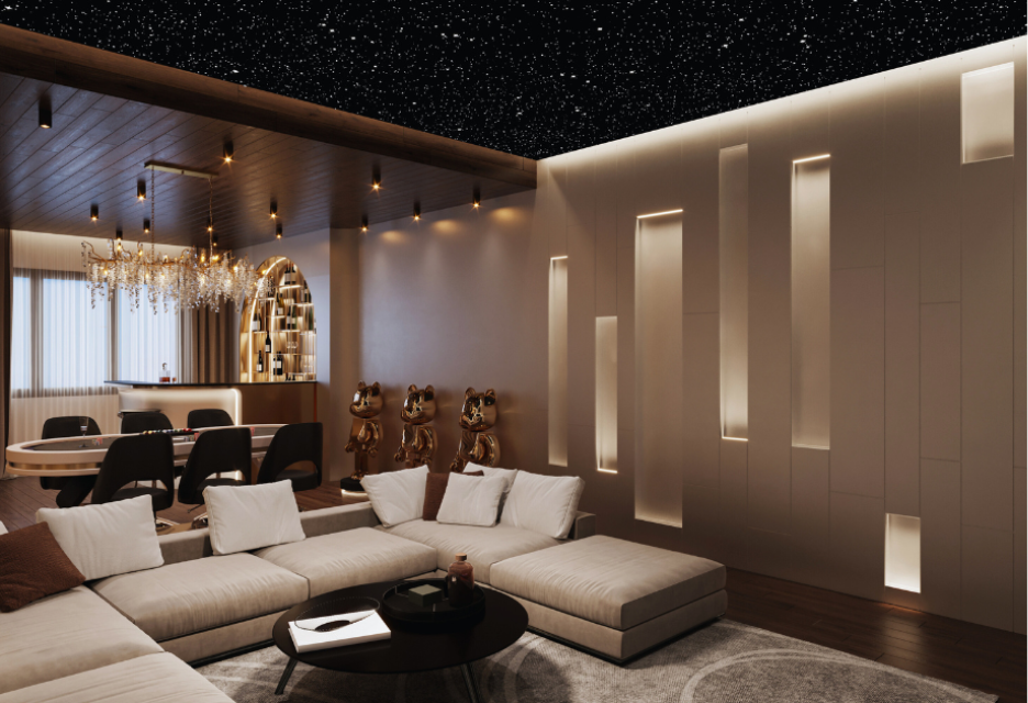 A luxurious modern living room featuring a large sectional sofa, black coffee table, illuminated wall accents, a dining area, and a dramatic starry ceiling.